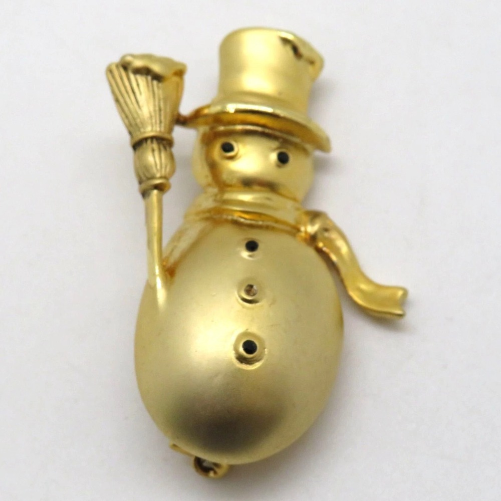 Vintage NEW VIEW Gold‎ Tone Snowman Brooch Pin with Broom Hat Scarf Christmas